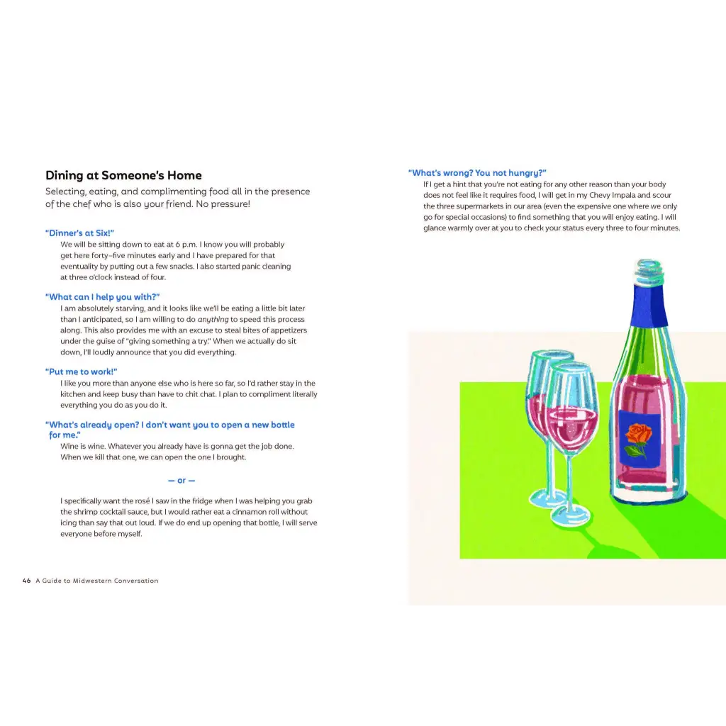 Guide to Midwestern conversation with stylish womens clothes and wine glasses illustration