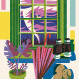 Colorful window scene with indoor plants and umbrella from GT Midwestern Conversation featuring stylish womens clothes