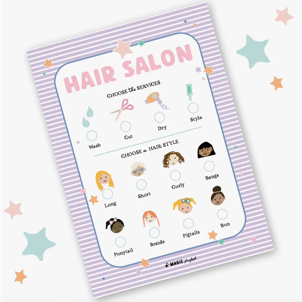 Colorful Hair Salon menu card showcasing fun hairstyle options for salon pretend play