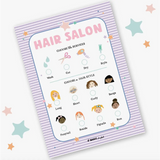 Colorful Hair Salon menu card showcasing fun hairstyle options for salon pretend play