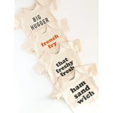 Ham Sandwich Organic Cotton Baby Onesie with food sayings, 3mo fits closer charm