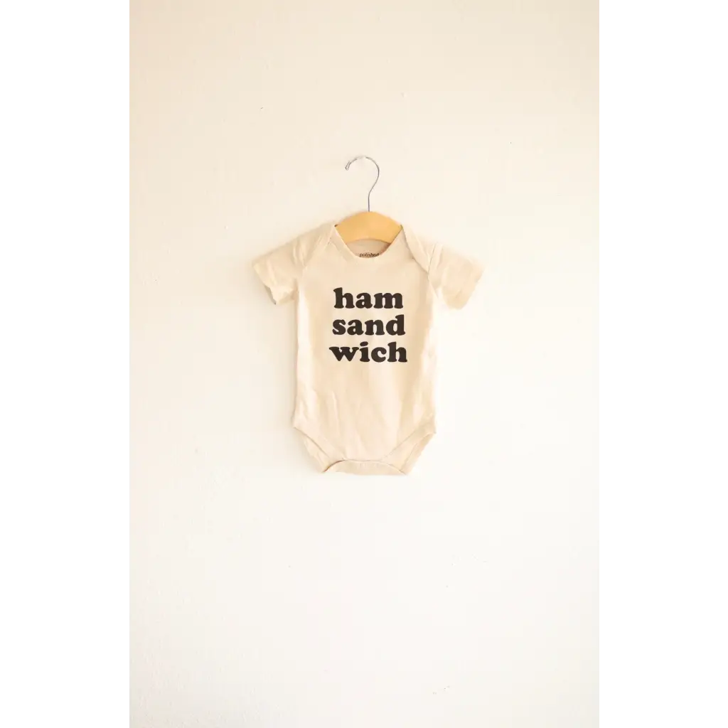 Baby onesie with ham sandwich text made from organic cotton, 3mo fits closer