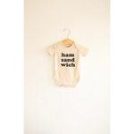 Baby onesie with ham sandwich text made from organic cotton, 3mo fits closer