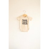 Baby onesie with ham sandwich text made from organic cotton, 3mo fits closer