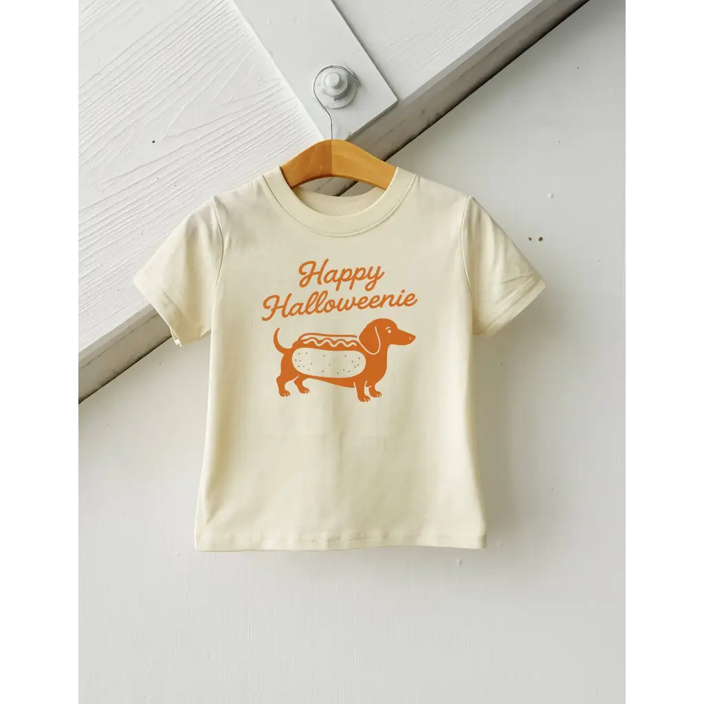Off-white Happy Halloweenie kids graphic t-shirt with stylish dachshund hotdog print