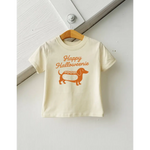 Off-white Happy Halloweenie kids graphic t-shirt with stylish dachshund hotdog print