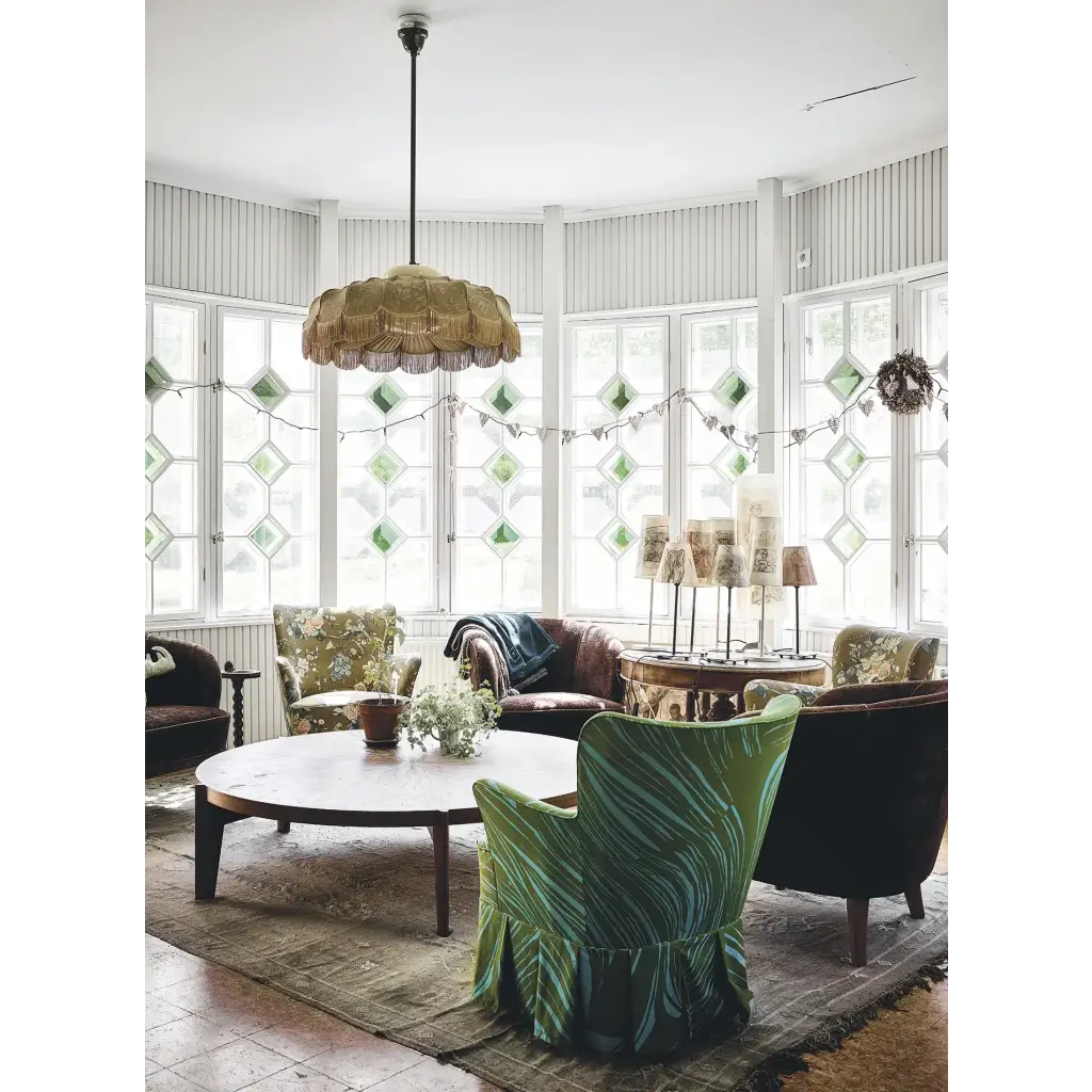 Happy Homes vibrant green leaf armchair with ruffled skirt