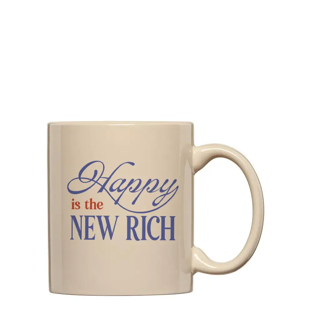Beige happy is the new rich mug with blue polished prints, perfect for stylish womens clothes