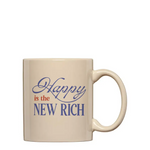 Beige happy is the new rich mug with blue polished prints, perfect for stylish womens clothes