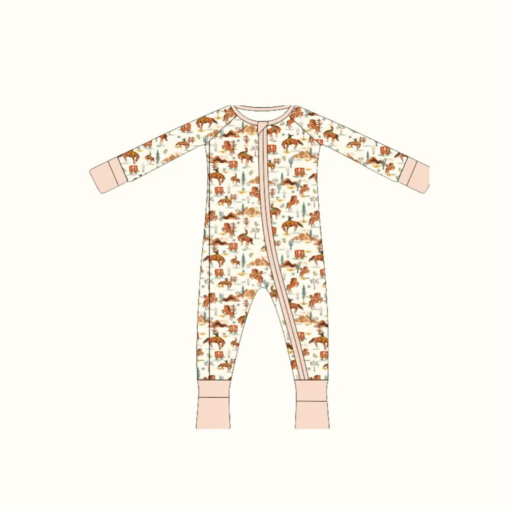 Cute infant full-body bamboo baby sleeper with cowboy and horse pattern from Hay There