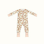 Cute infant full-body bamboo baby sleeper with cowboy and horse pattern from Hay There