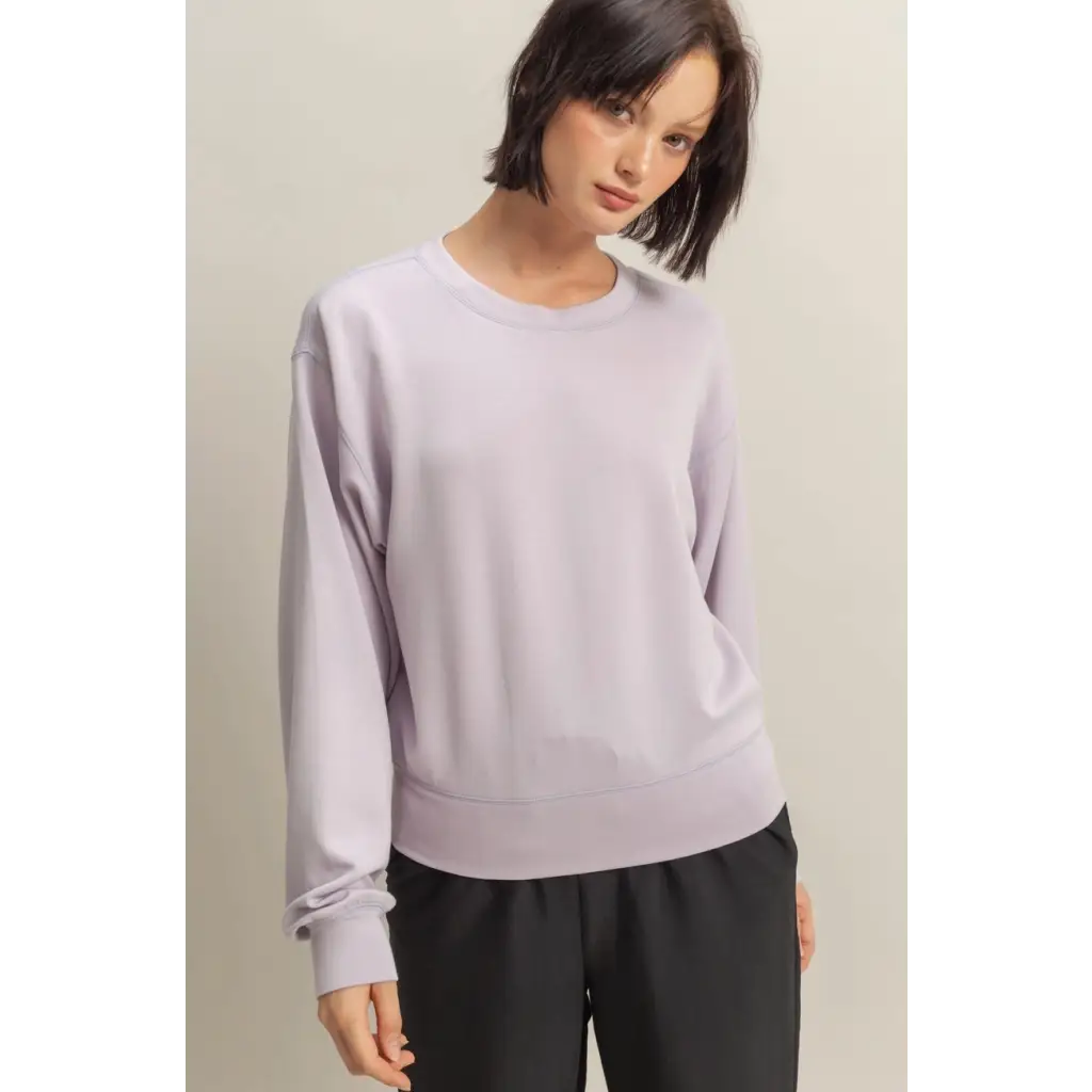 Lavender long sleeve sweatshirt, perfect for laid-back days in Hazel Relaxed Long style