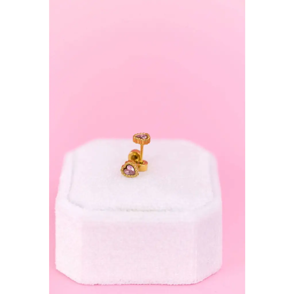 Heart Gemstone Stud Earrings in 18k gold with pink diamonds, hypoallergenic for sensitive ears