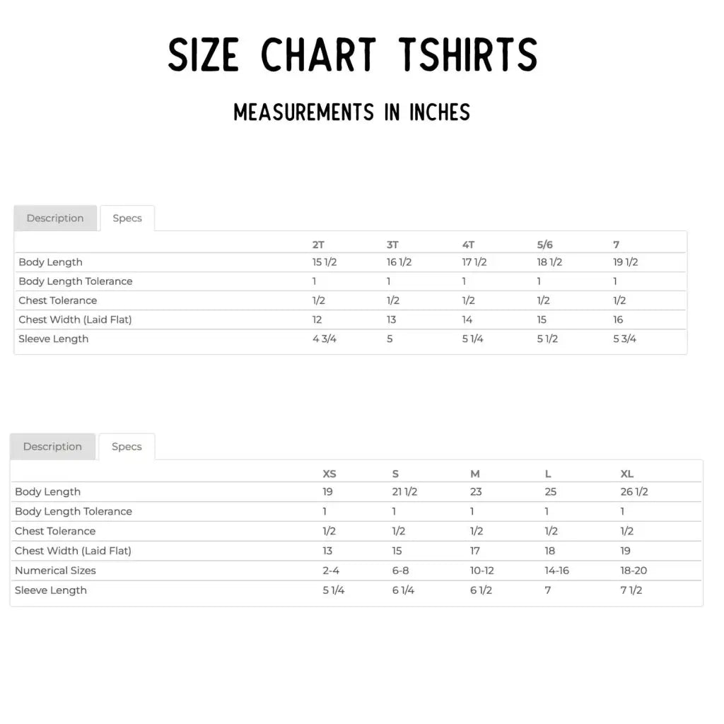 T-shirt size chart with measurements in inches for Heck On Wheels Kids Graphic Tee showcasing polished prints