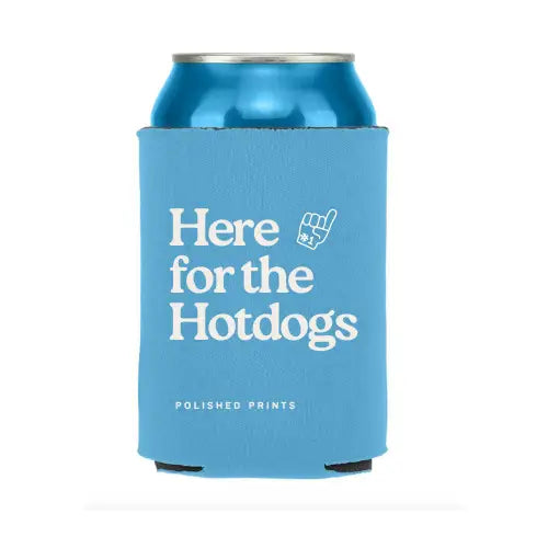 Light blue koozie with fun text for baseball-loving friends and hotdogs lovers