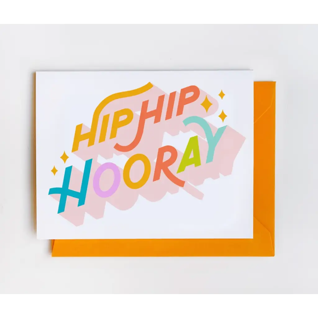 Colorful Hip Hip Hooray greeting card with sparkles on white and orange background