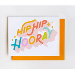 Colorful Hip Hip Hooray greeting card with sparkles on white and orange background