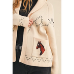 Open-front cream horse knit sweater cardigan with pixel horse graphic and southwestern patterns