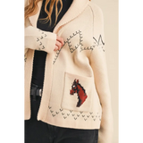 Open-front cream horse knit sweater cardigan with pixel horse graphic and southwestern patterns