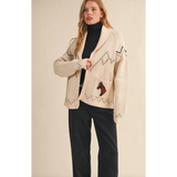 Holly Horse Knit Sweater Cardigan with horse motifs, off-white knit sweater cardigan style