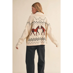 Cream-colored Holly Horse Knit Sweater Cardigan with red horse motifs and black geometric designs