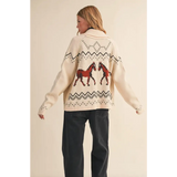 Cream-colored Holly Horse Knit Sweater Cardigan with red horse motifs and black geometric designs