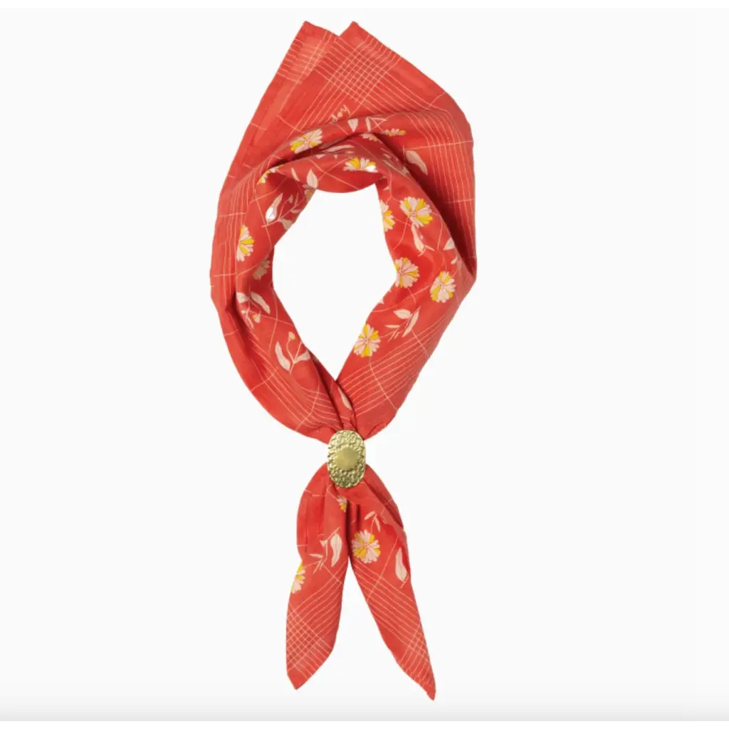 Red floral and plaid scarf with gold slide from Hope Dies Last cotton voile bandana, perfect for stylish womens clothes or moms’ outfits
