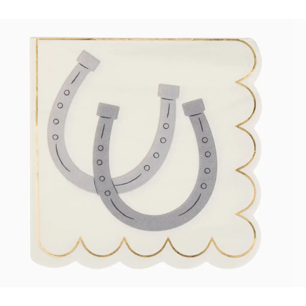 Square gold-edged horseshoe cocktail napkins featuring two stylish gray horseshoes