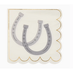 Square gold-edged horseshoe cocktail napkins featuring two stylish gray horseshoes