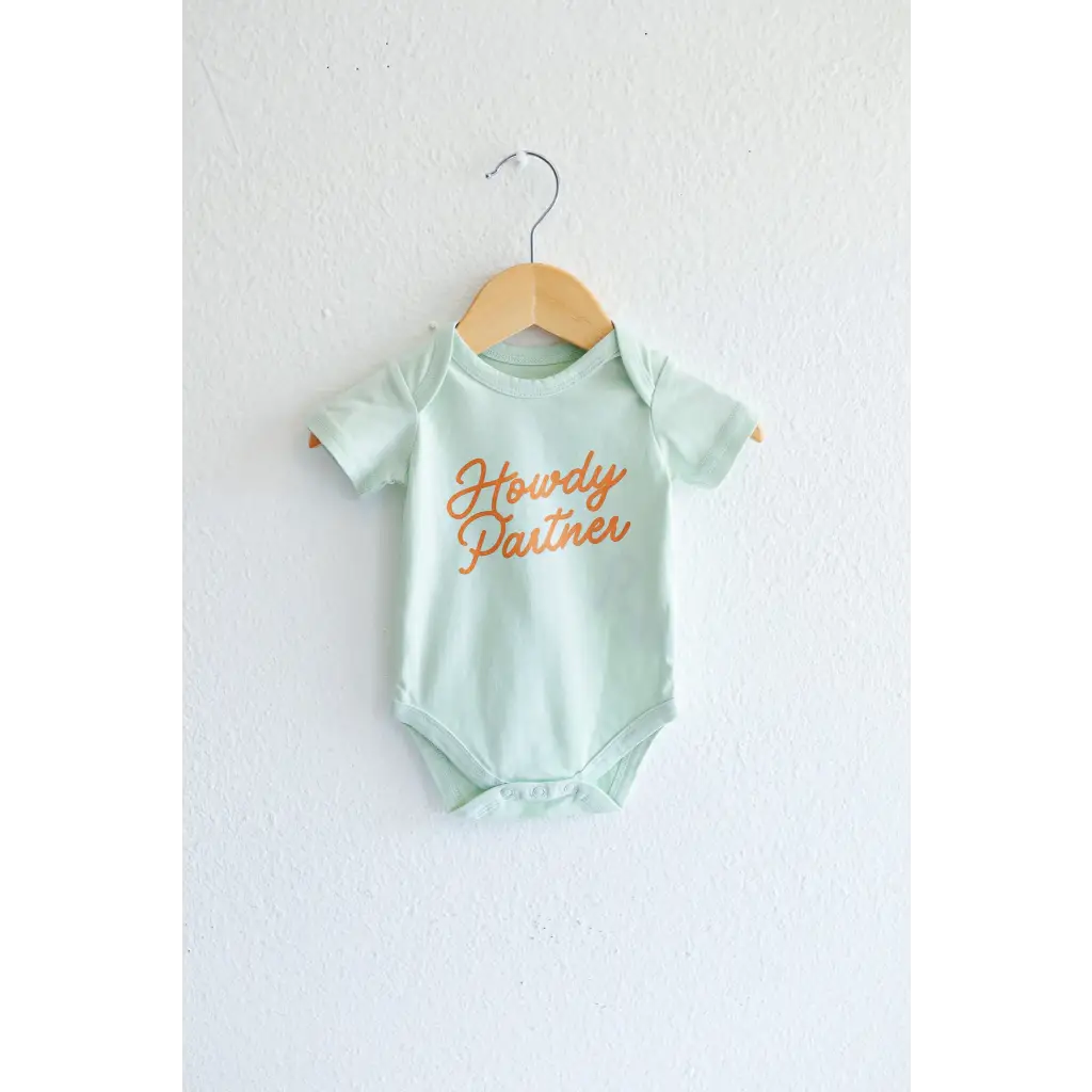 Mint Green Howdy Partner Baby Onesie made from soft organic cotton for little cowpokes