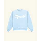 Light blue humanity adult unisex pullover with white cursive lettering