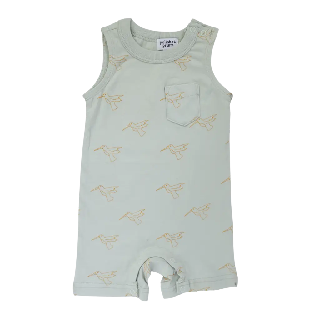 Mint green sleeveless baby romper with kangaroo print from the Hummingbird Pocket Playsuit