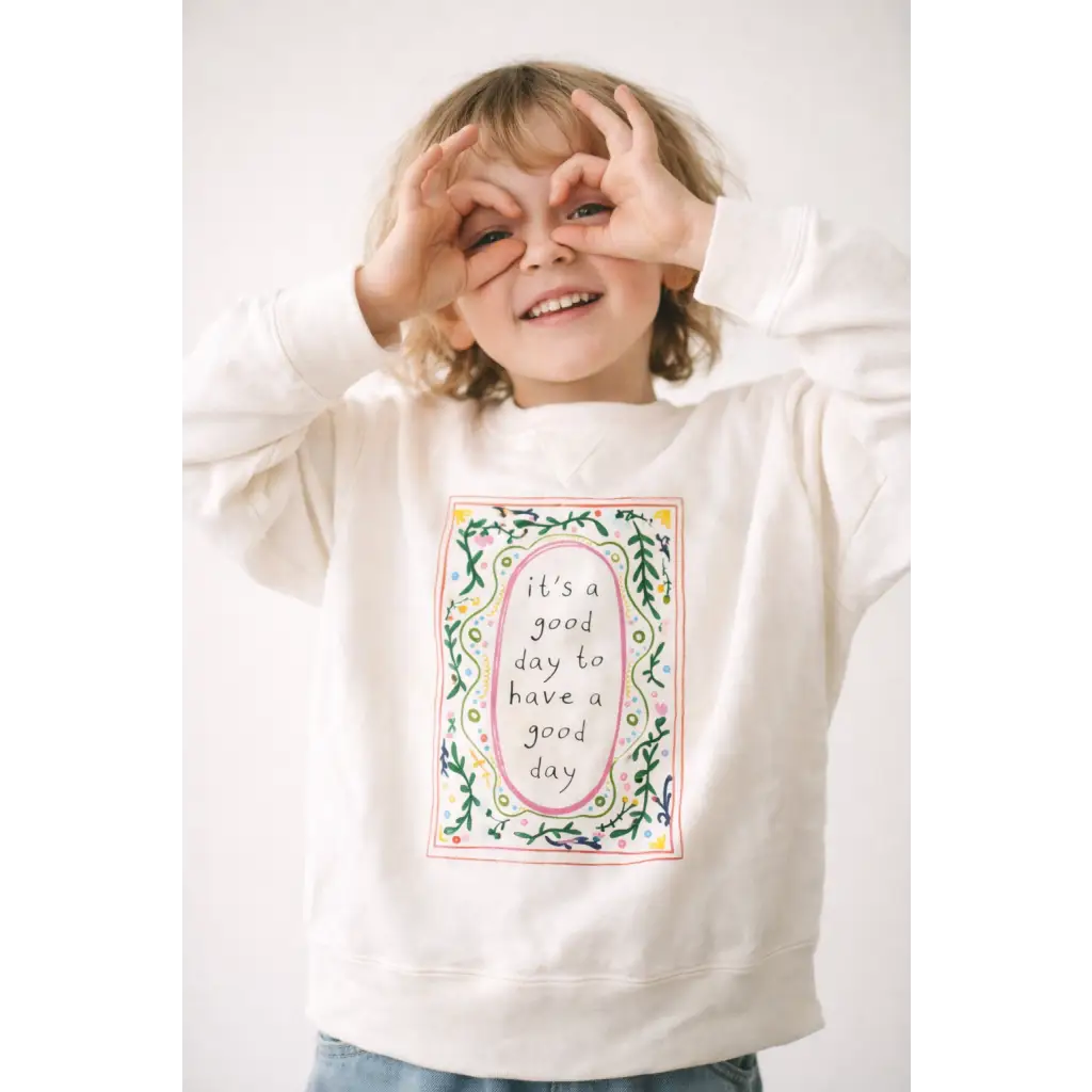 White kids pullover sweatshirt with colorful floral embroidered good day patch