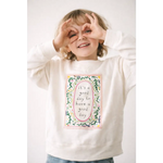 White kids pullover sweatshirt with colorful floral embroidered good day patch