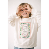 White kids pullover sweatshirt with colorful floral embroidered good day patch