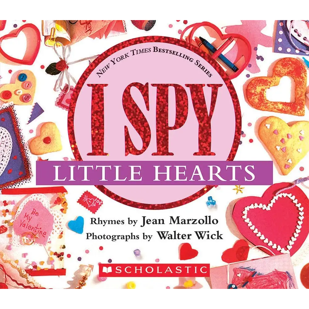 Red glittery I Spy Little Hearts title on pink background with heart crafts