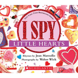 Red glittery I Spy Little Hearts title on pink background with heart crafts
