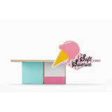 Colorful shelf unit with pastel panels perfect for your Roadside Shack Business decor