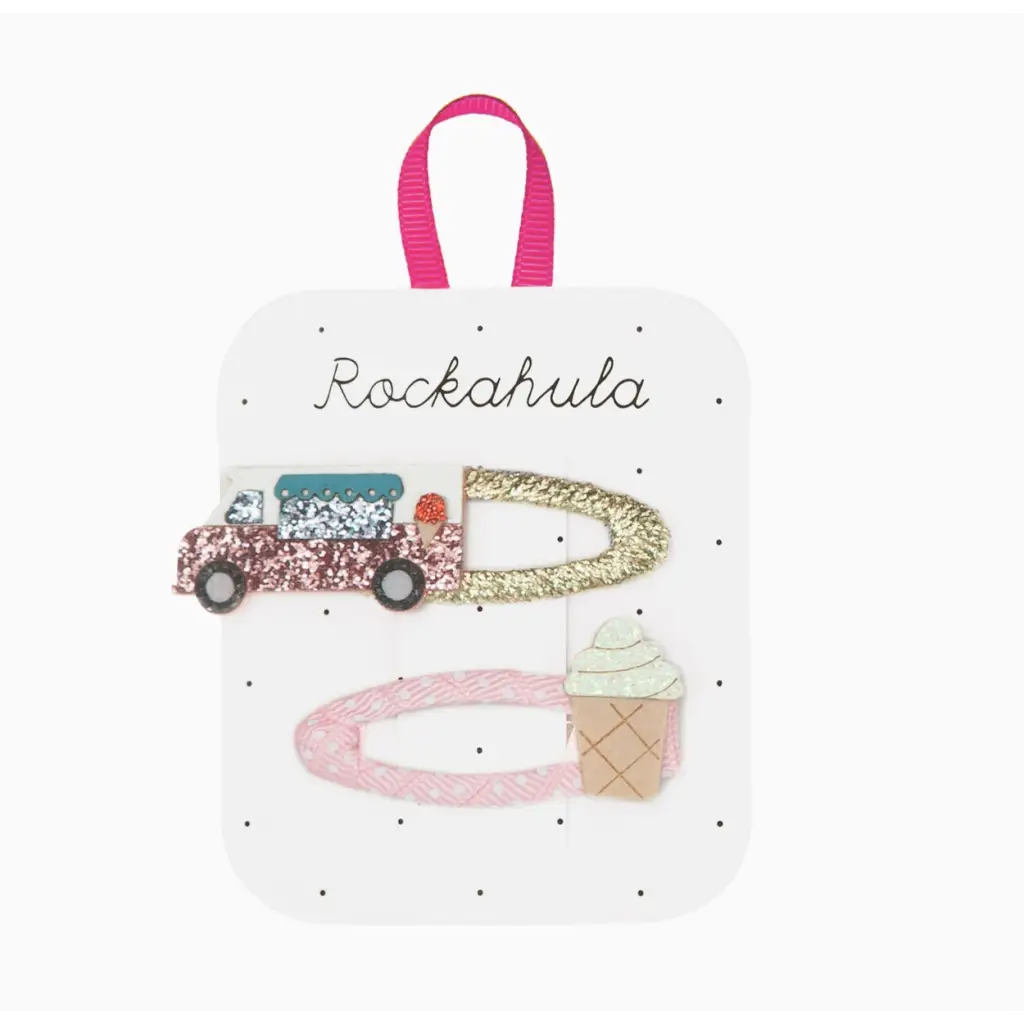 Glittery hair clips with ice cream and car designs for the Pink and White Ice Cream Van Purse