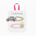 Glittery hair clips with ice cream and car designs for the Pink and White Ice Cream Van Purse