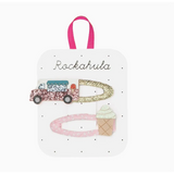 Glittery hair clips with ice cream and car designs for the Pink and White Ice Cream Van Purse