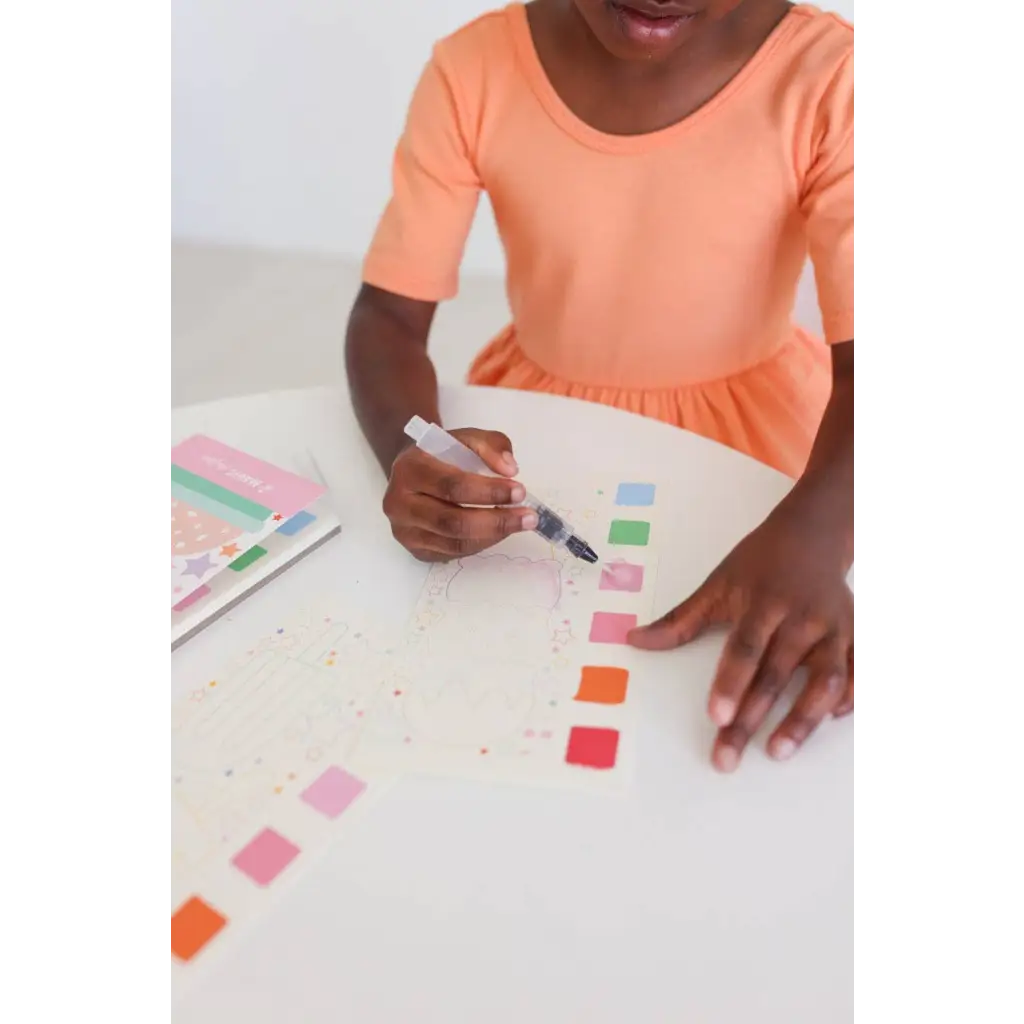 Kid in orange dress colors ice cream watercolor book swatches