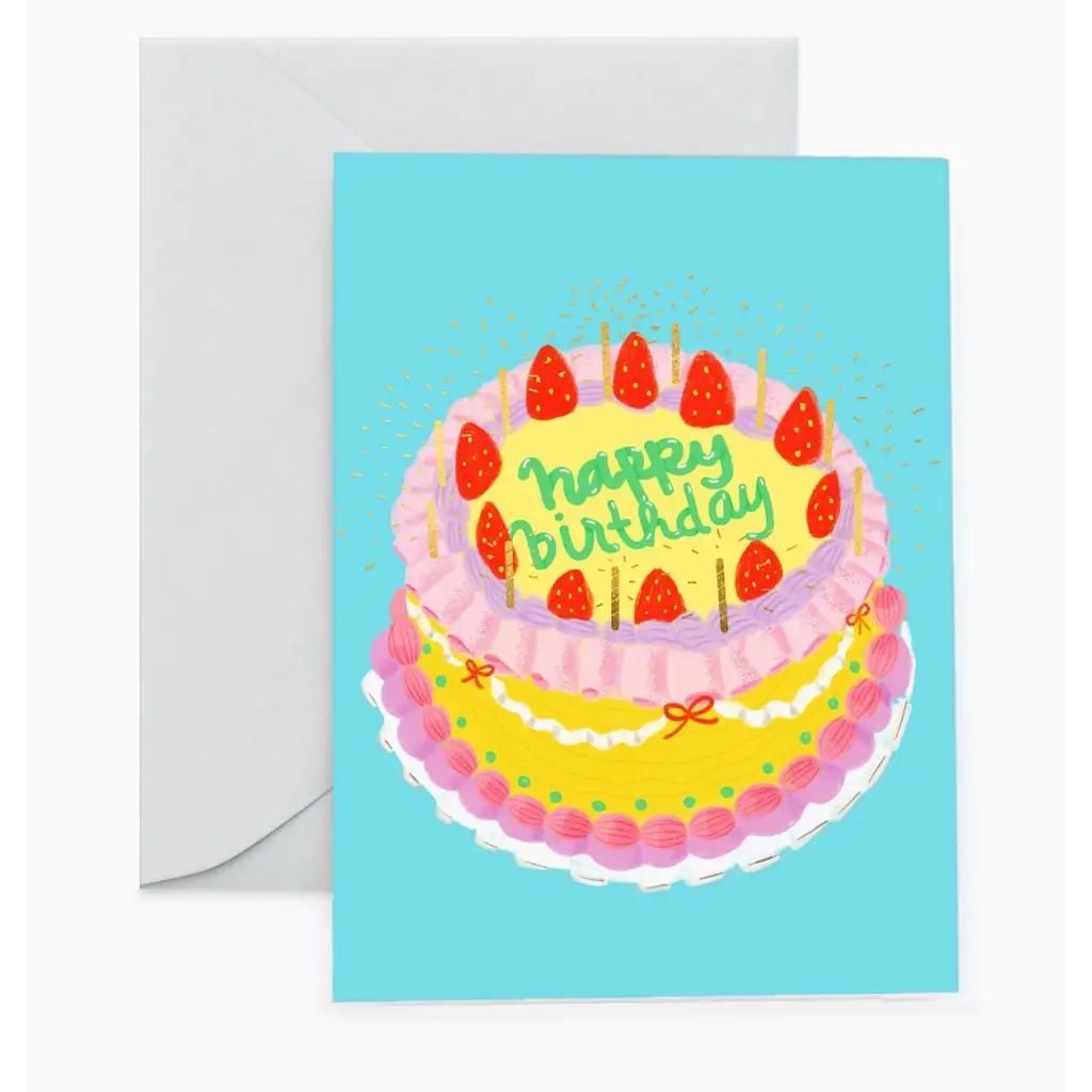 Two-tiered pink and yellow birthday cake with strawberries and candles for a birthday card