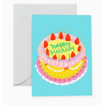 Two-tiered pink and yellow birthday cake with strawberries and candles for a birthday card