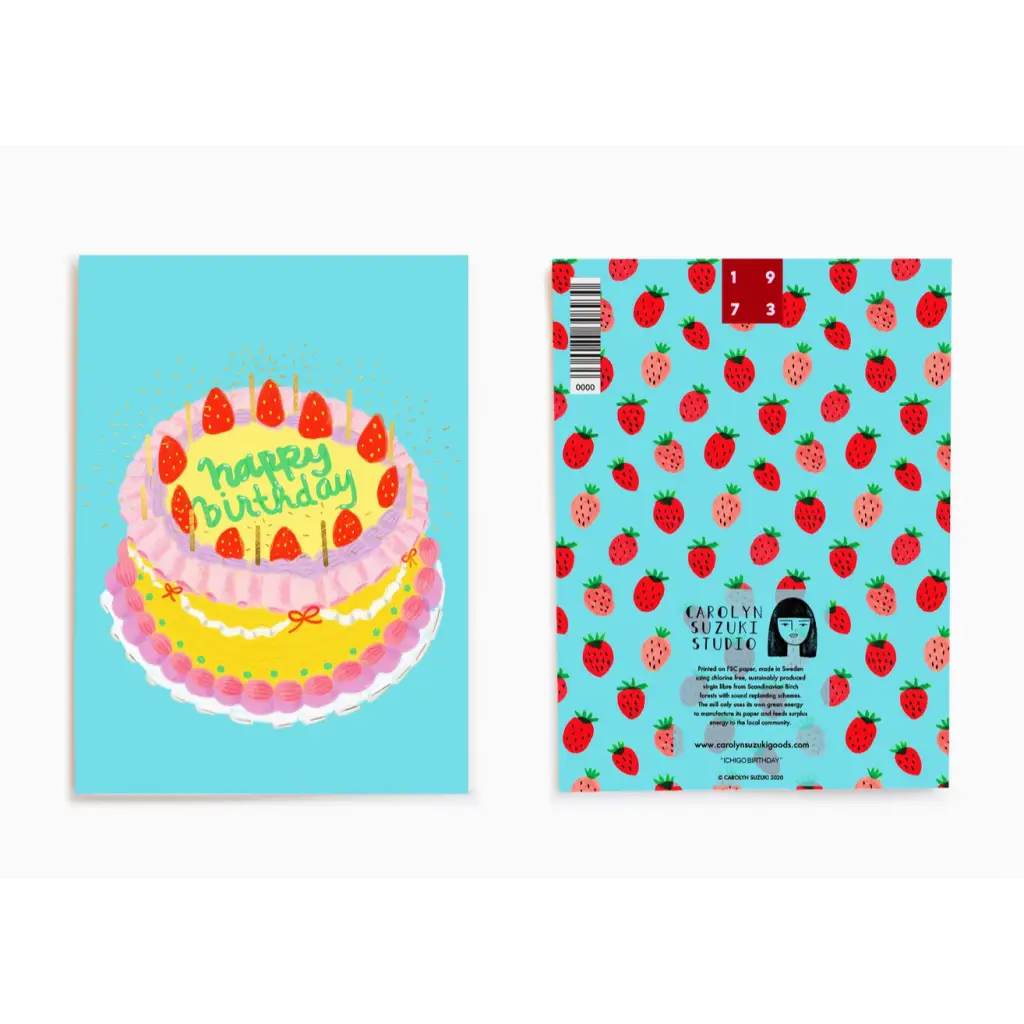 Colorful birthday cake with strawberries and Happy Birthday text for a cute birthday card