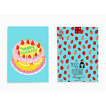 Colorful birthday cake with strawberries and Happy Birthday text for a cute birthday card