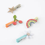Icon hair clips with glittery star, cherry, rainbow, daisy designs