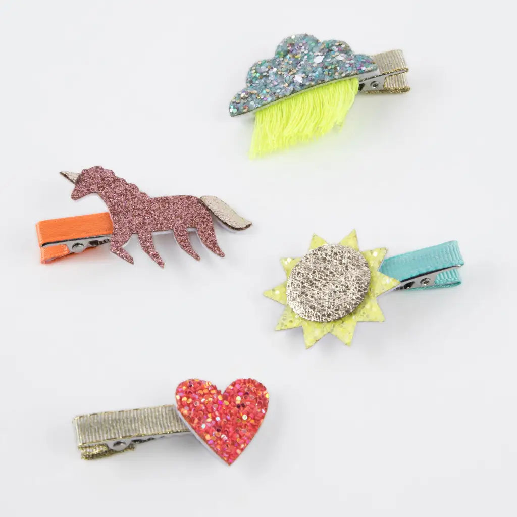Colorful Icon Hair Clips with unicorn, cloud, sunburst, heart designs