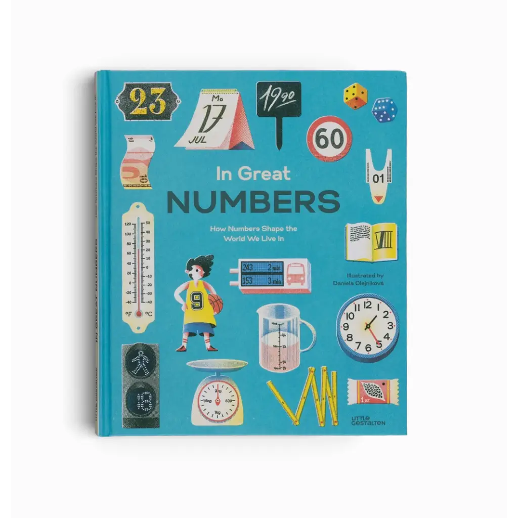 Book cover of In Great Numbers featuring clever illustrations of great numbers and time