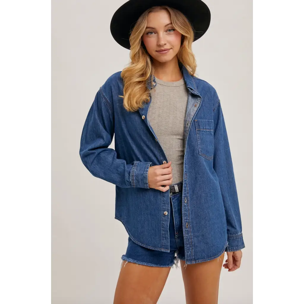 Stylish Jenny Dark Denim Button Down, perfect oversized denim shirt jacket for moms